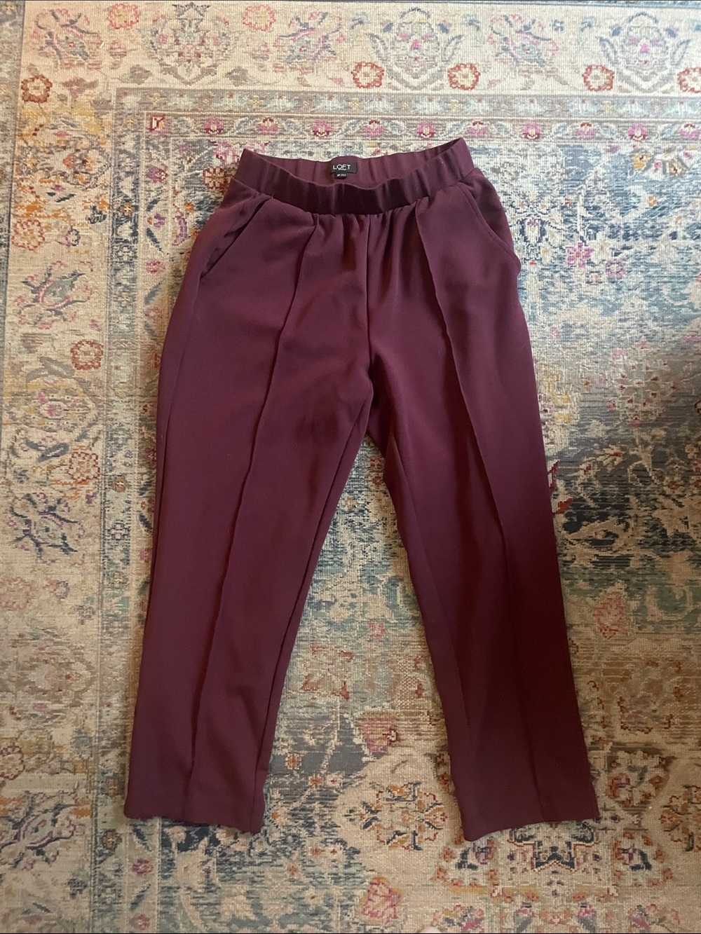 LOFT Wine-Burgundy Pleated Straight-Leg Pants